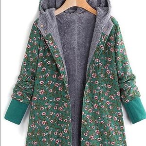 NEW! Green Floral Faux Fur Lined Hooded Coat